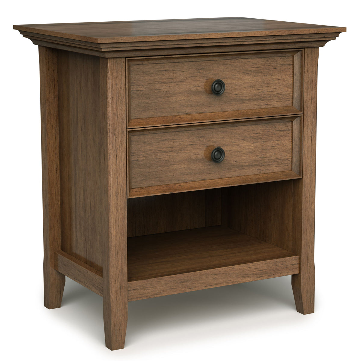 Light brown wooden bedside table with two drawers and open bottom shelf
