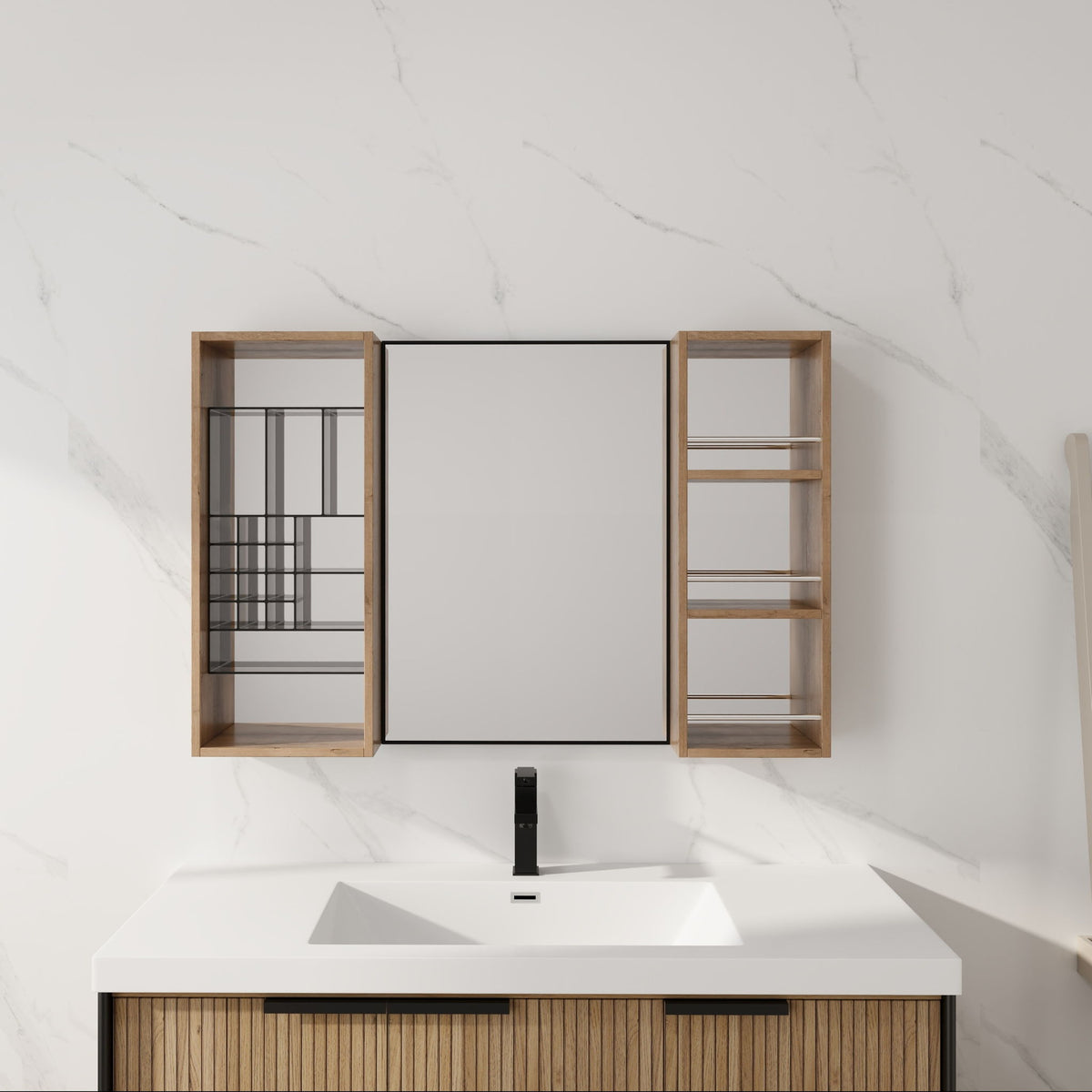 Wall-mounted bathroom cabinet with central mirror-style panel and side storage shelves