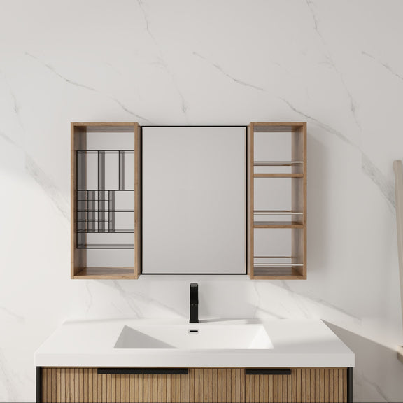 Wall-mounted bathroom cabinet with central mirror-style panel and side storage shelves