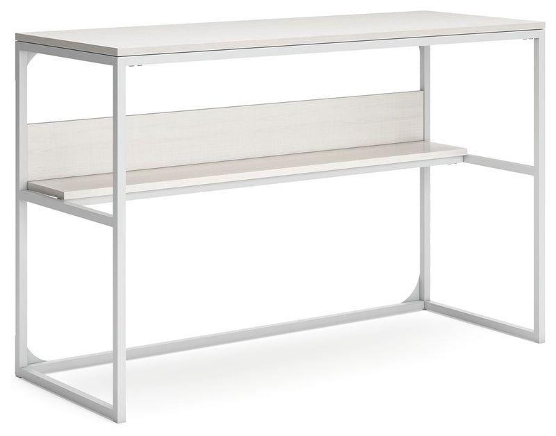 White home office desk with open lower shelf and light metal frame