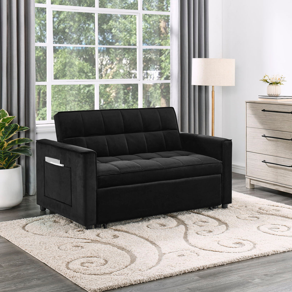 Maeve - Velvet Convertible Sleeper Loveseat With Tufting and Side Pocket - Black