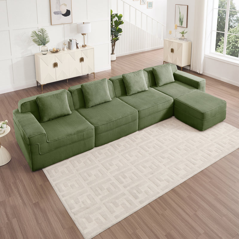 4-Seater Modular L-Shaped Corduroy Sectional Sofa - Green Corduroy