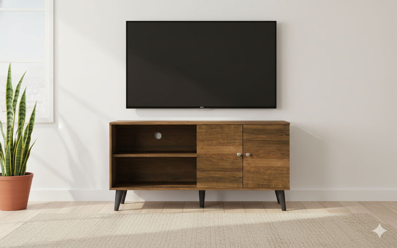 Dark brown TV stand with two open shelves and cabinet doors, tapered legs