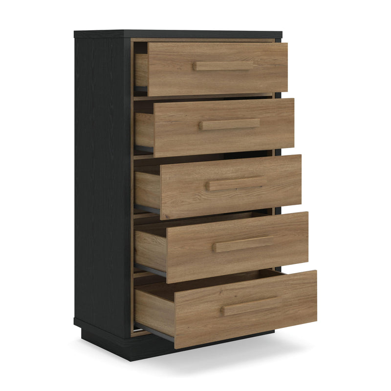 Black and brown five-drawer chest angled view with wooden drawers and bar pulls