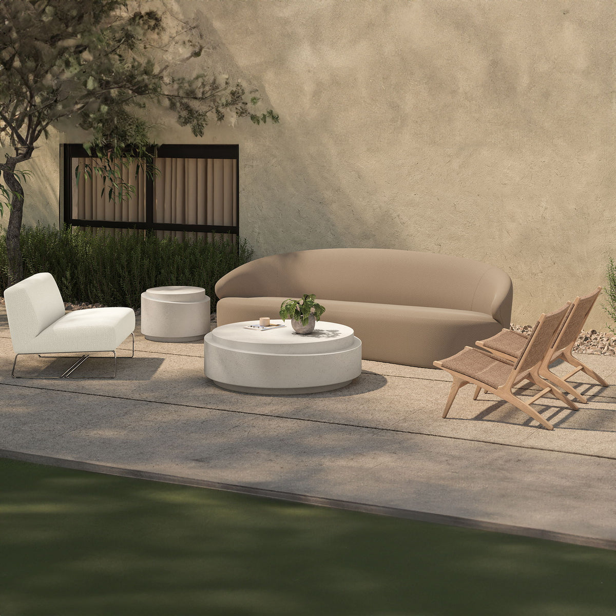 Beige outdoor lounge chair with curved back cushion and two tan wooden lounge chairs