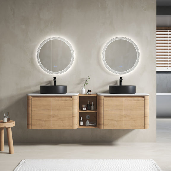 Wall-mounted bathroom vanity with two black vessel sinks, open shelf, and wood cabinet