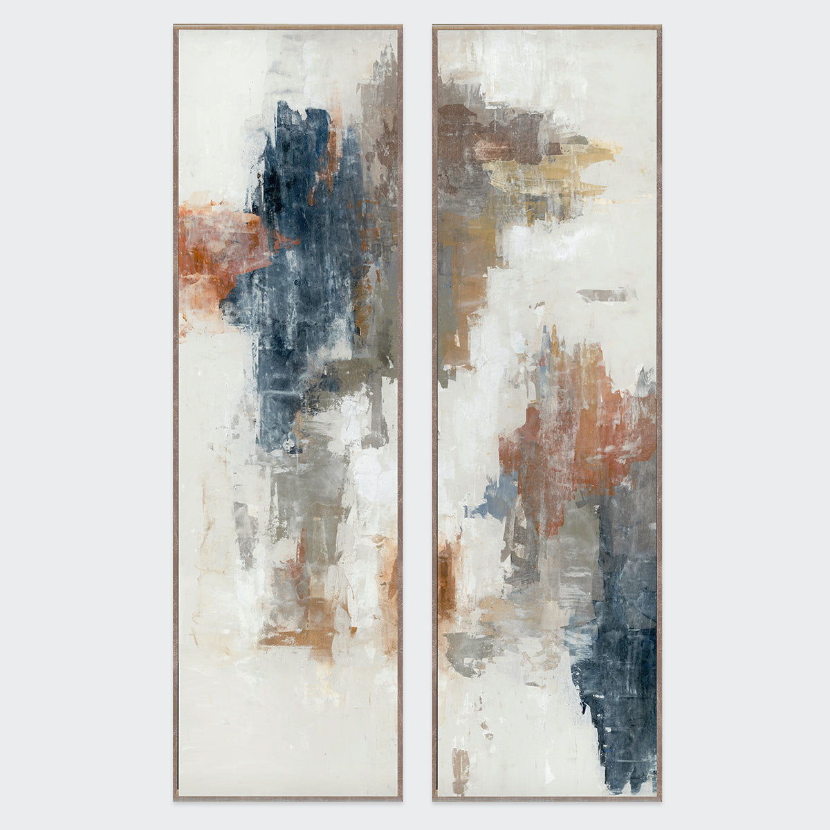 Diptych abstract painting with two vertical panels, blue, gray, and rust brushstrokes