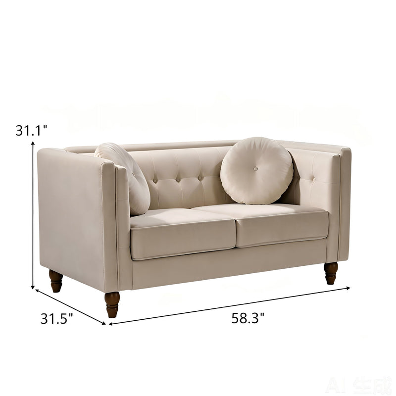 Beige two-seater loveseat with tufted back, rolled arms, and round bolster pillow