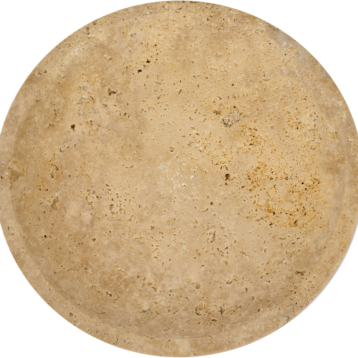 Beige travertine round bowl surface close-up with natural speckles