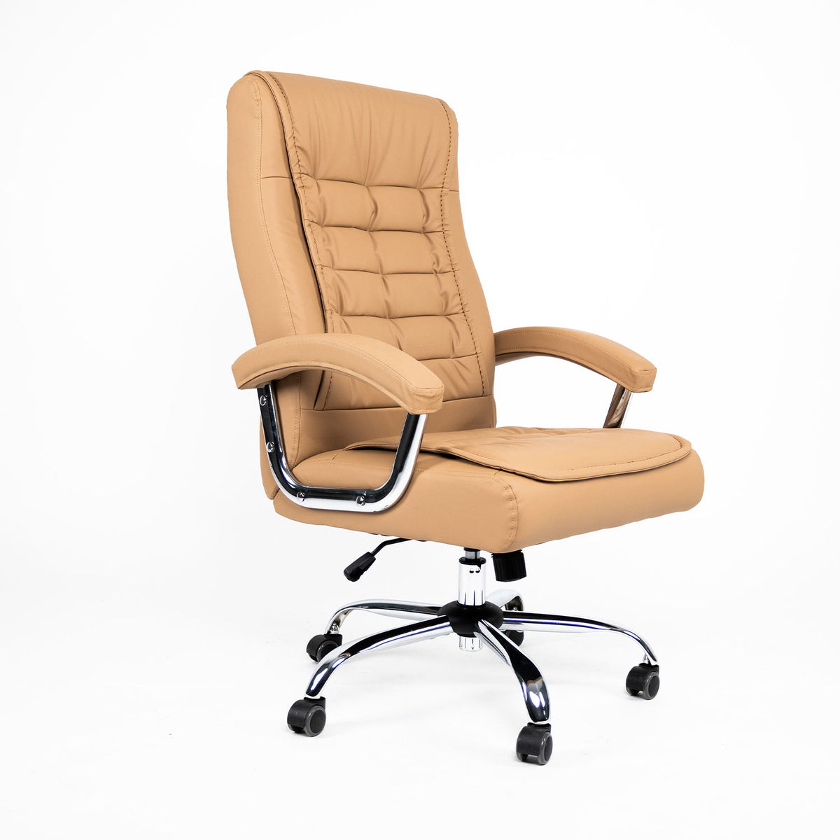 Light brown high-back office chair with tufted back, armrests, chrome base, and rolling casters