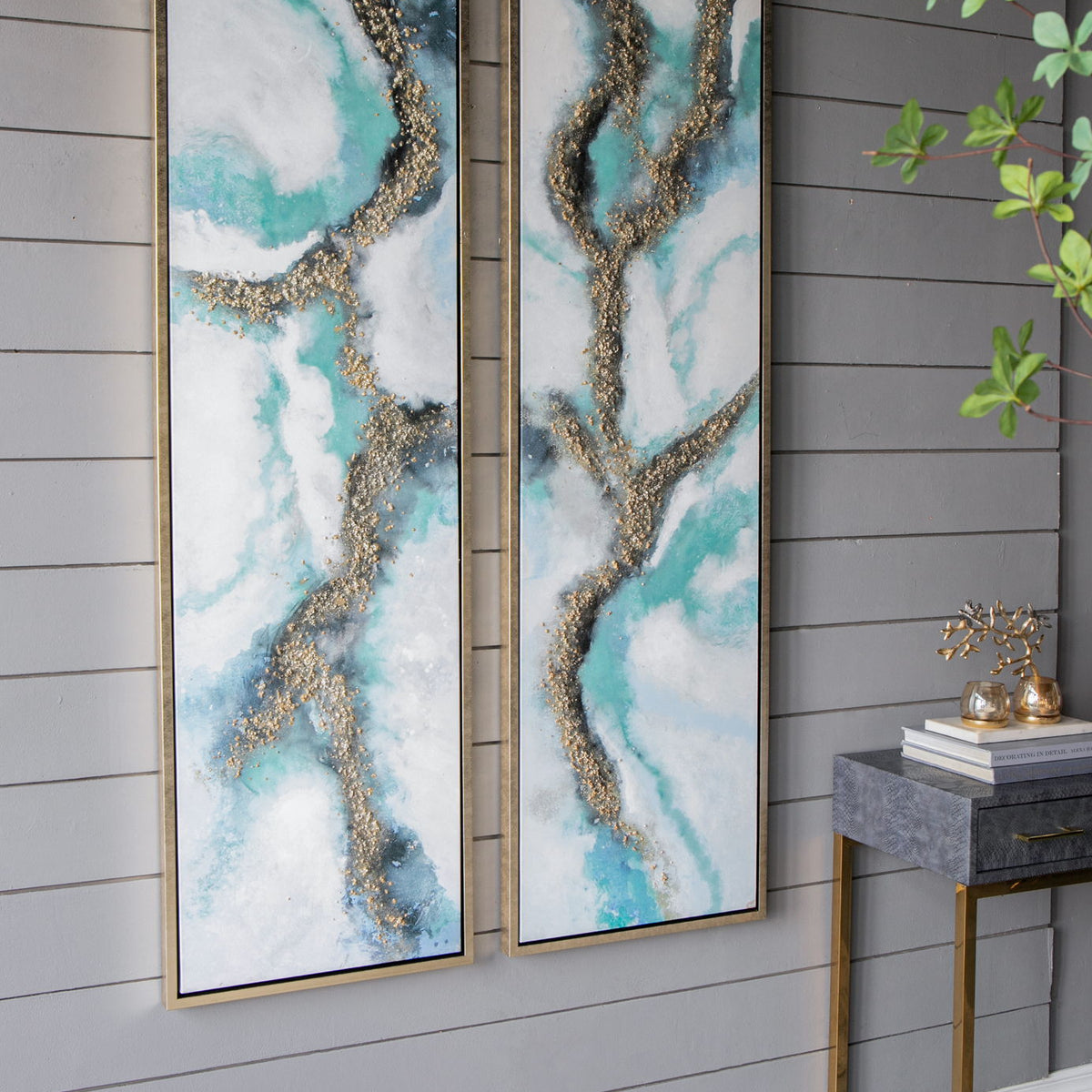 Elongated Modern Abstract Oil Painting, Rectangle Framed Wall Art (Set of 2) - Multicolor