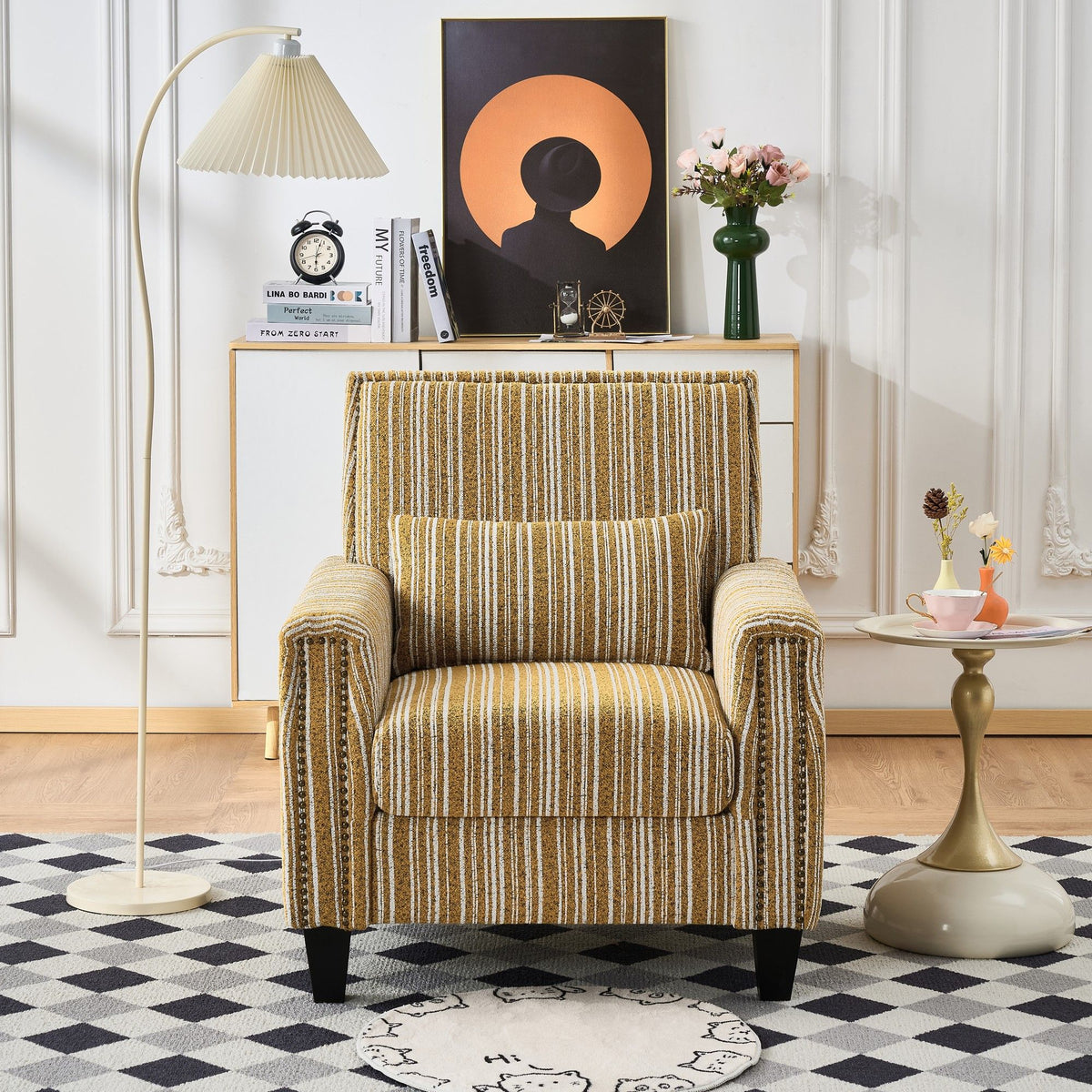 Mustard-yellow striped armchair with tall backrest, padded arms, dark legs