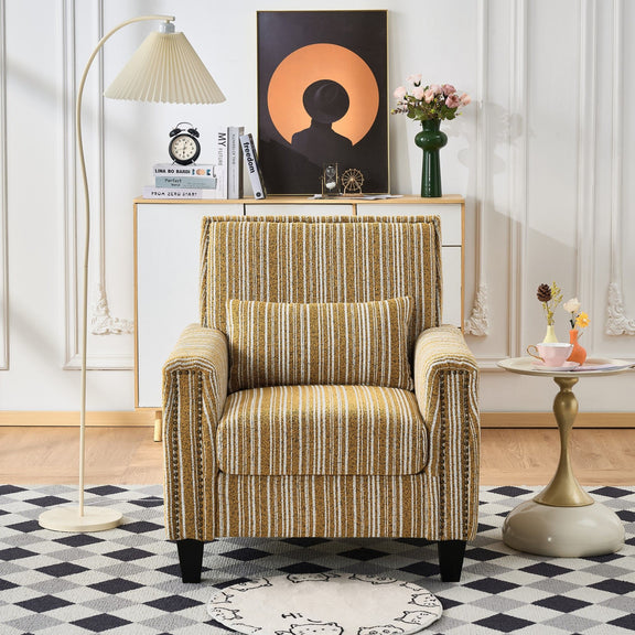 Mustard-yellow striped armchair with tall backrest, padded arms, dark legs