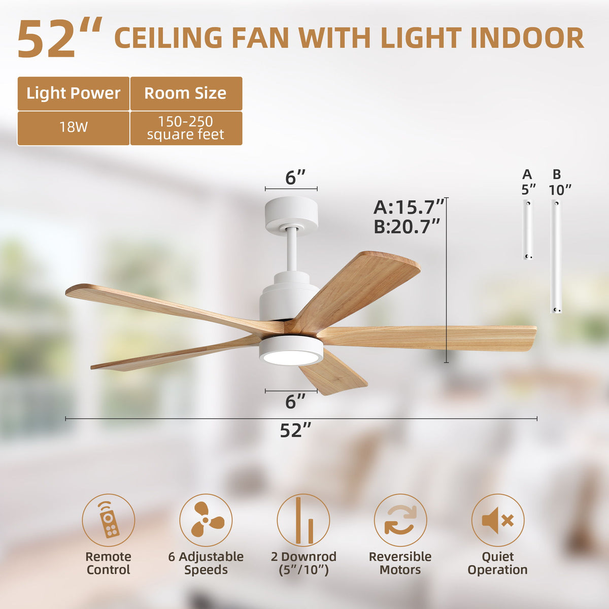 52-inch ceiling fan with LED light and handheld remote, reversible motor and dimming
