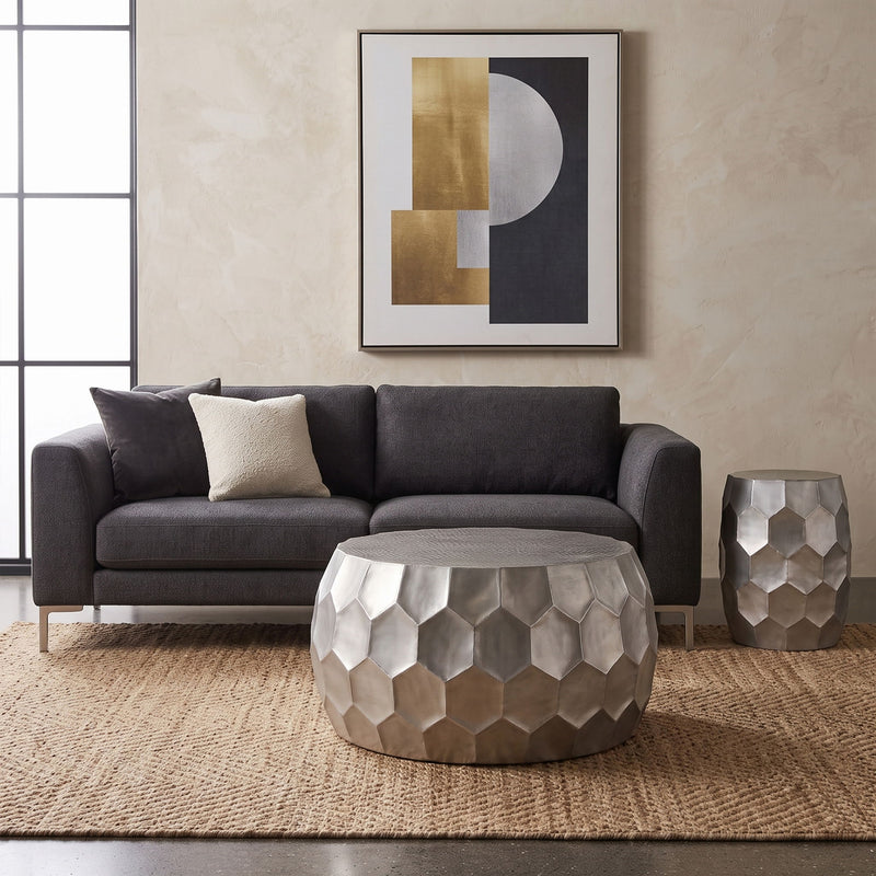 2-piece hex-pattern metallic table set with round top and small cube side table (silver)
