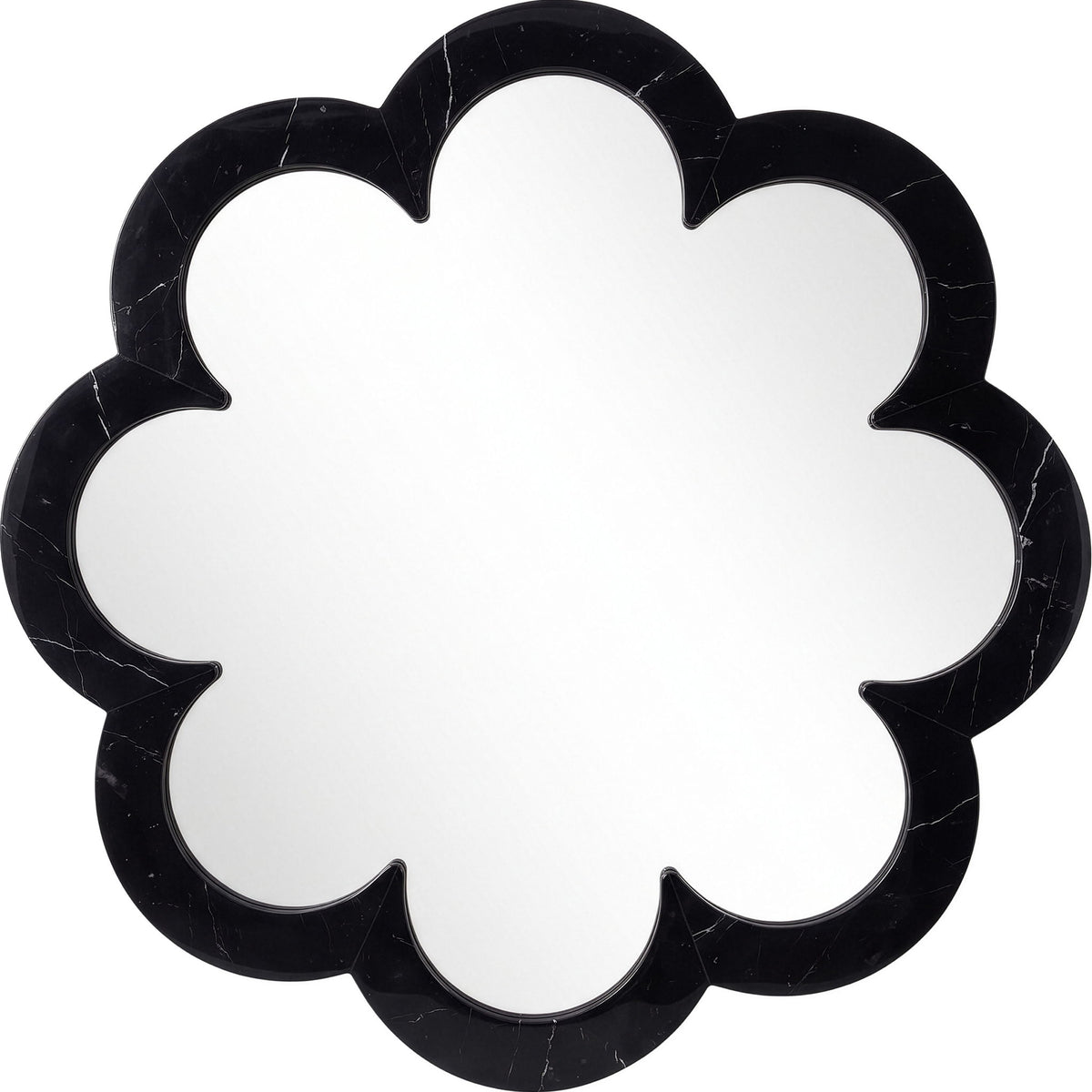Black cloud-shaped frame mirror with thick scalloped border and white reflective center
