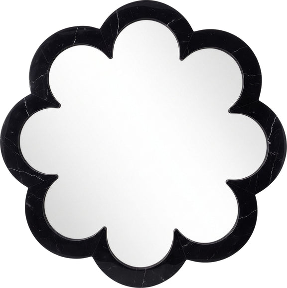 Black cloud-shaped frame mirror with thick scalloped border and white reflective center