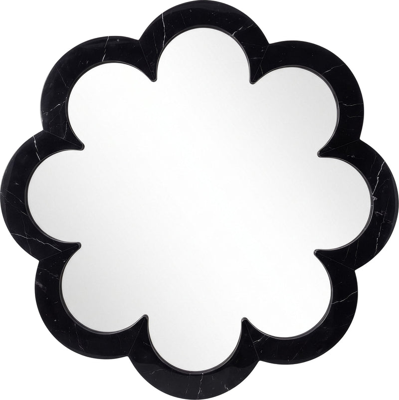 Black cloud-shaped frame mirror with thick scalloped border and white reflective center