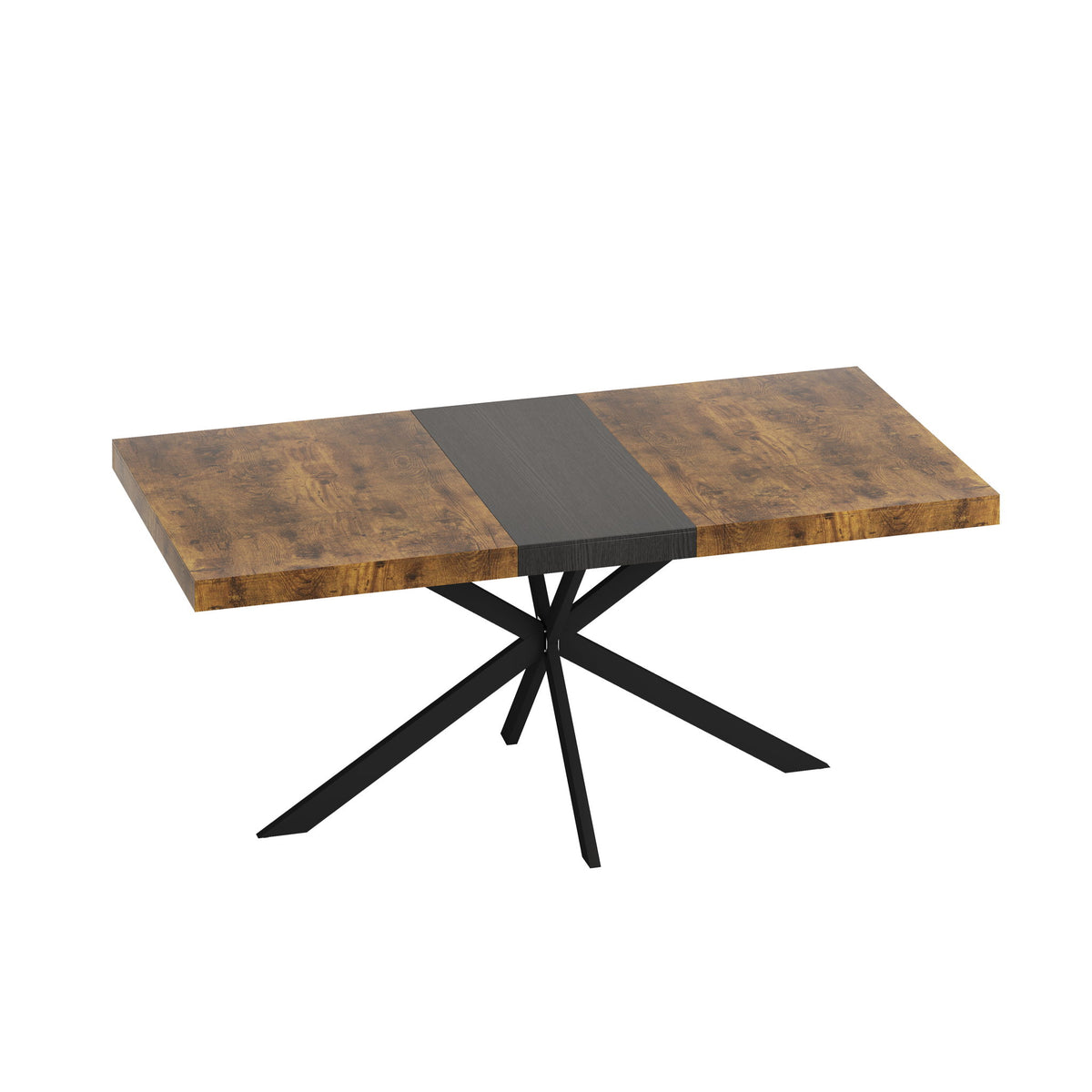 Rectangular dining table, light brown top, dark center panel, black X-style legs