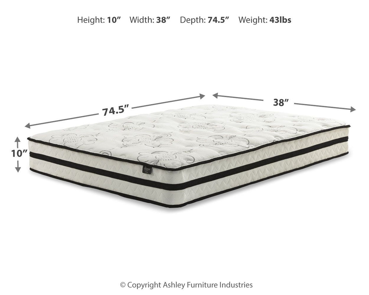 10-inch white hybrid mattress, 38" wide, 74.5" deep, 431 lb weight