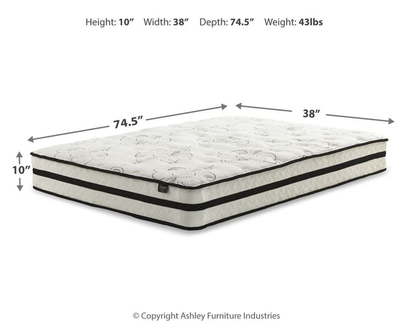 10-inch white hybrid mattress, 38" wide, 74.5" deep, 431 lb weight
