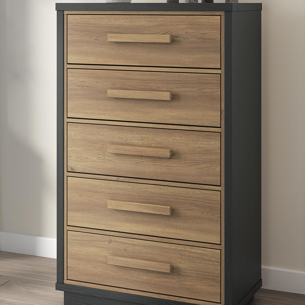 Black and brown five-drawer chest standing front view with wooden drawers and bar handles