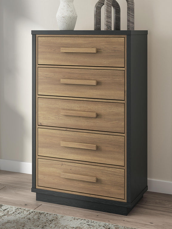 Black and brown five-drawer chest standing front view with wooden drawers and bar handles