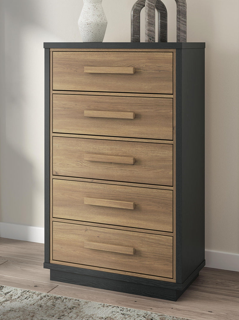 Black and brown five-drawer chest standing front view with wooden drawers and bar handles