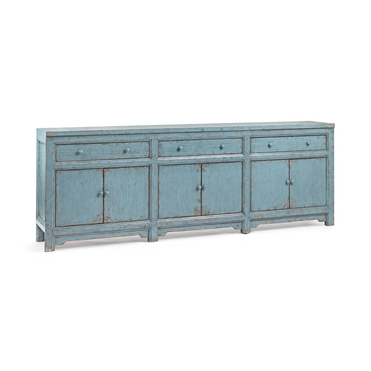 Harbor blue 3-drawer, 6-door sideboard cabinet with metal pulls and distressed finish