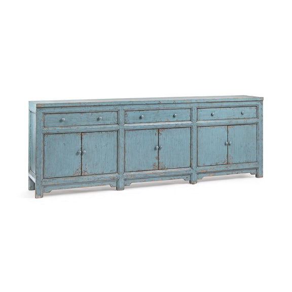 Harbor blue 3-drawer, 6-door sideboard cabinet with metal pulls and distressed finish