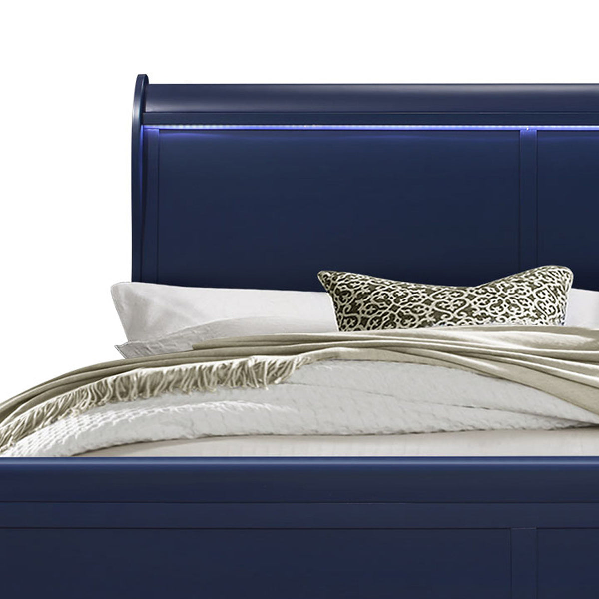 Blue LED headboard with glowing light strip and decorative leopard-print accent pillow