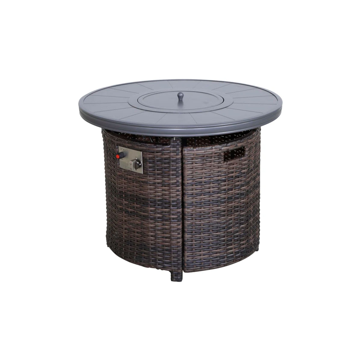 Outdoor fire pit table with round lid, dark brown wicker-look sides and dark gray top