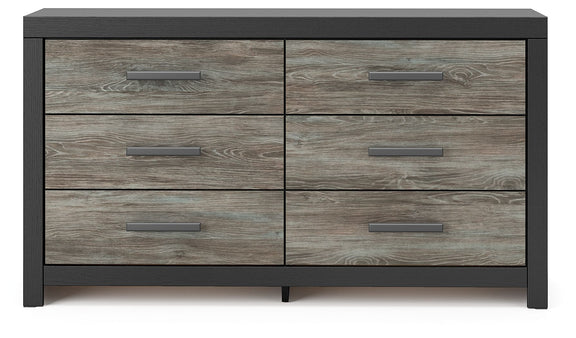 Black dresser with gray woodgrain drawers and metal bar pulls