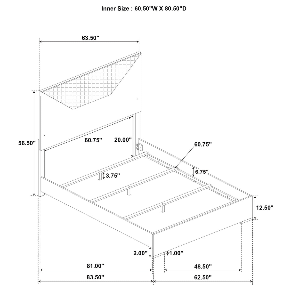 Bed frame dimension diagram showing measurements, inner size 60.50W x 80.50D