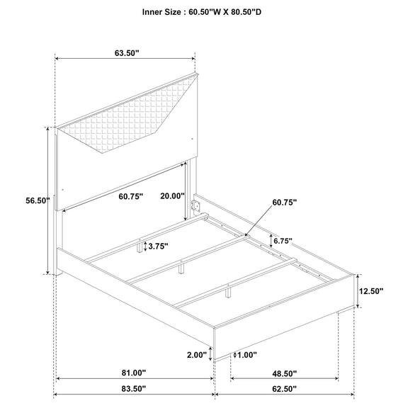 Bed frame dimension diagram showing measurements, inner size 60.50W x 80.50D