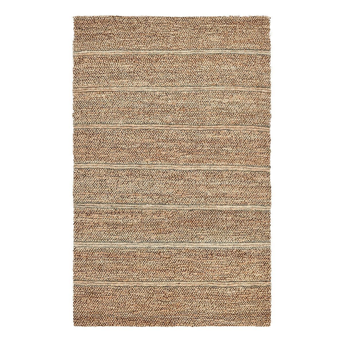 Light brown striped area rug with cream and blue horizontal bands
