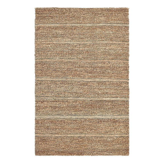 Light brown striped area rug with cream and blue horizontal bands
