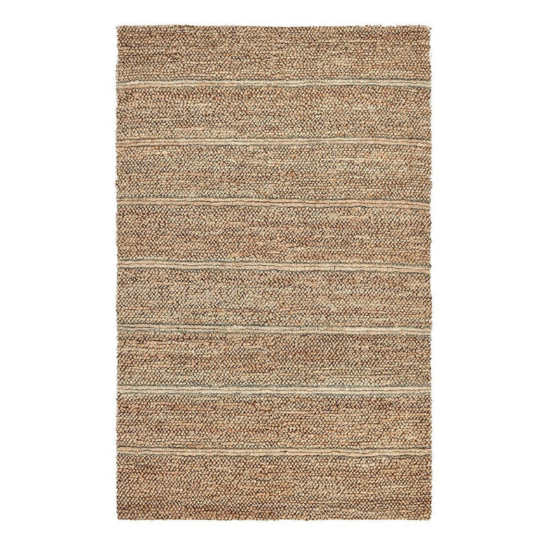 Light brown striped area rug with cream and blue horizontal bands