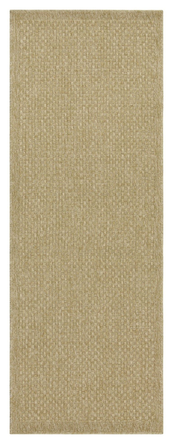Beige jute area rug with tight textured weave, simple border