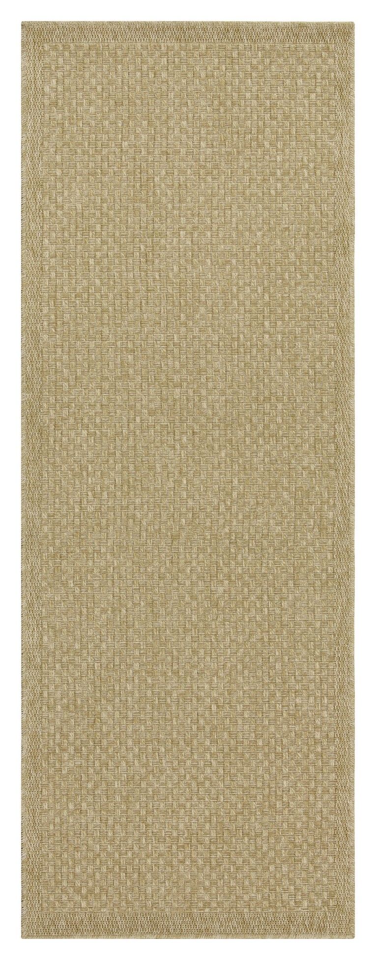 Beige jute area rug with tight textured weave, simple border