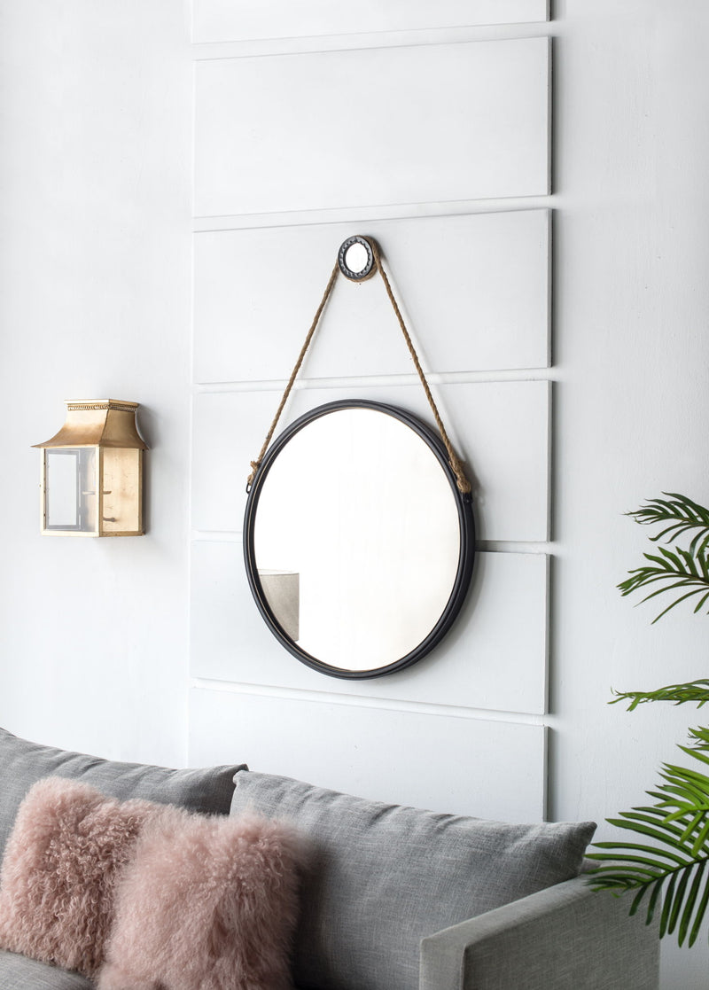Handsome Cleveland Mirror With Rope Strap Contemporary Design Circle Mirror With Round Metal Frame For Wall Decor