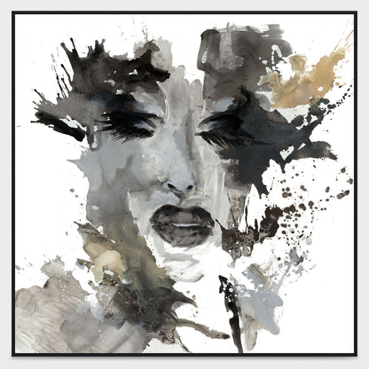 Framed abstract portrait painting with black and gray brush strokes and tan splatter