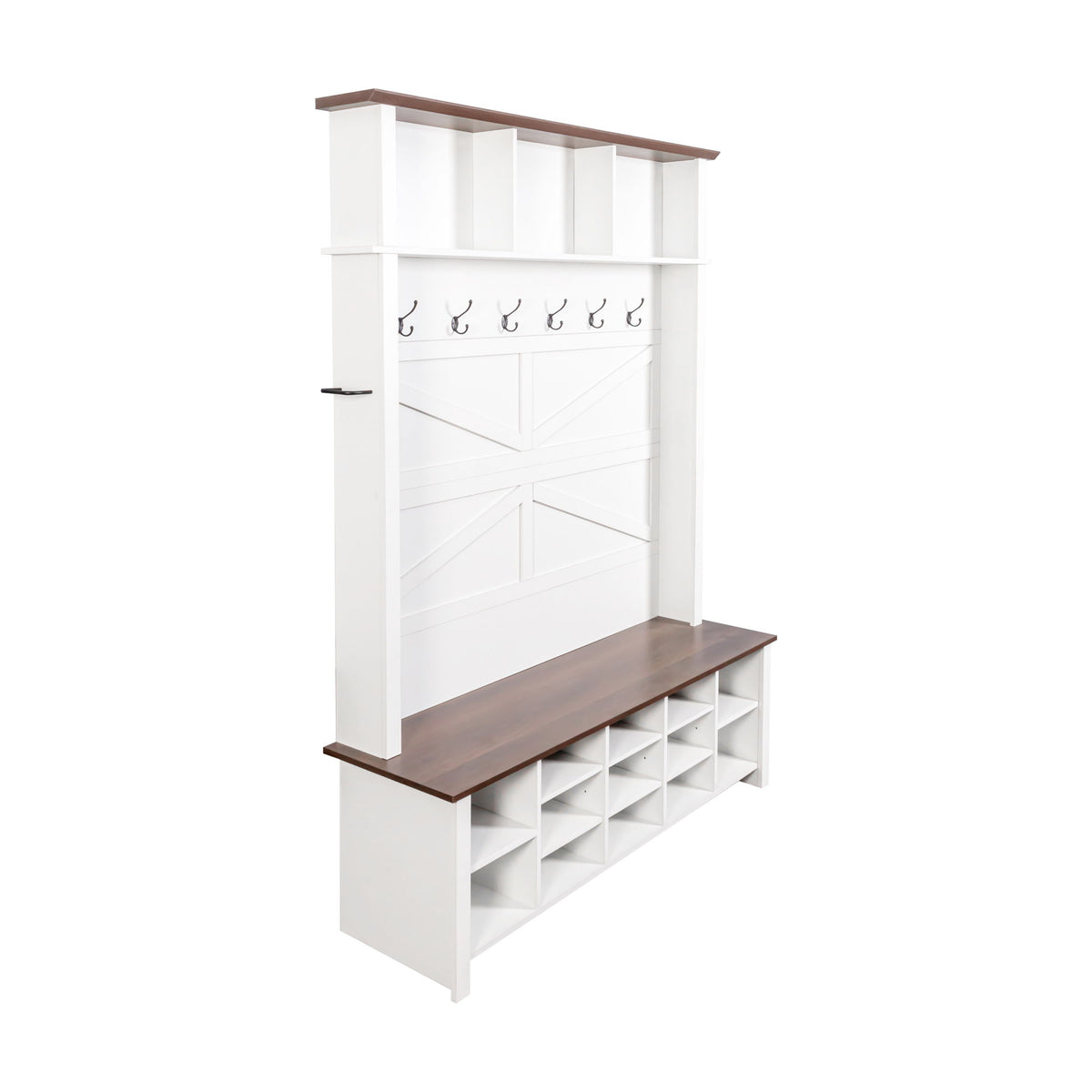 White hall tree with bench, 6 hooks, and lower cubby shelves