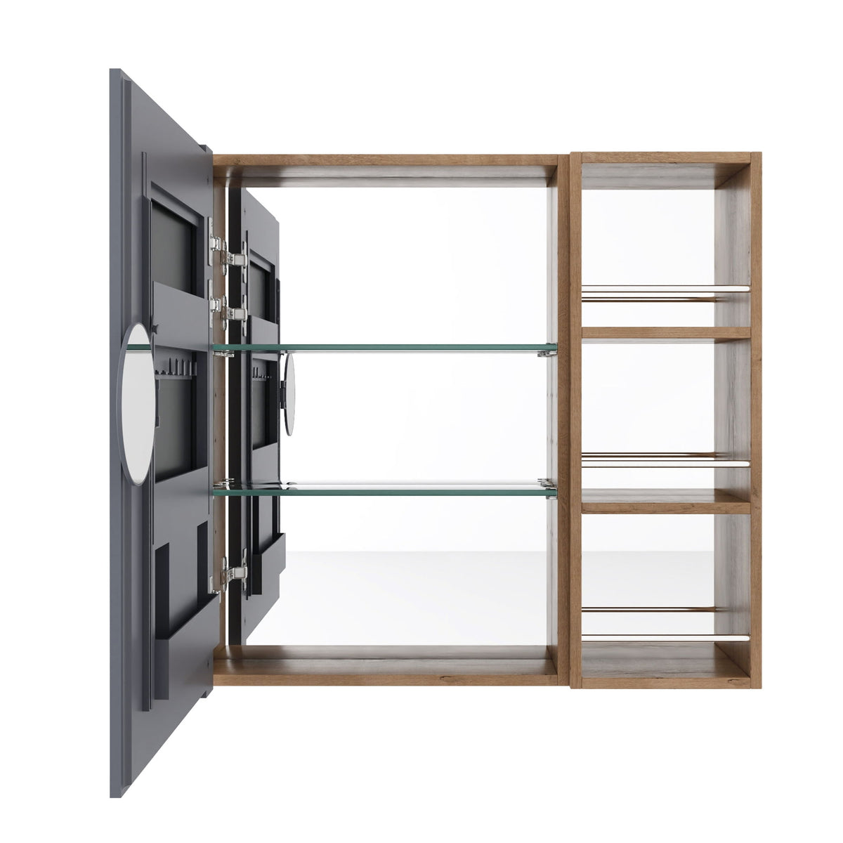Wall-mounted bathroom cabinet in light oak with open door and adjustable shelves