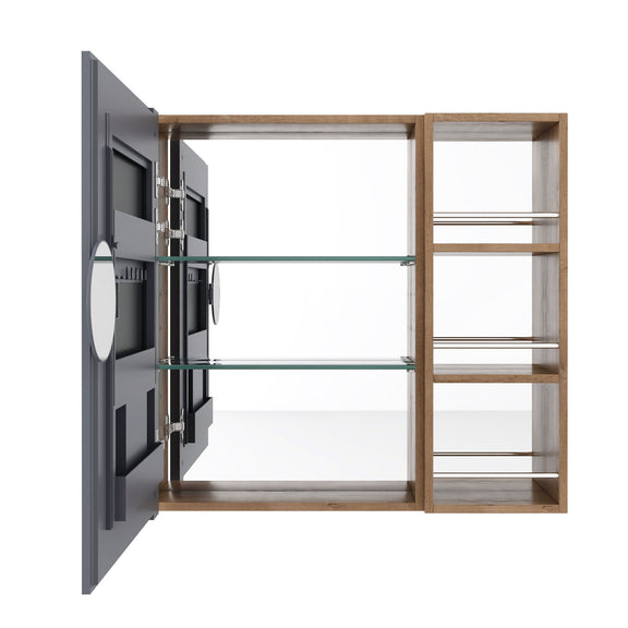 Wall-mounted bathroom cabinet in light oak with open door and adjustable shelves