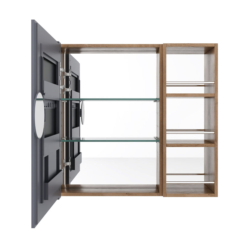 Wall-mounted bathroom cabinet in light oak with open door and adjustable shelves