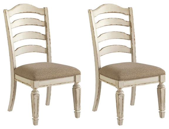Set of 2 dining side chairs, ladderback chipped white frames, taupe upholstered seats.