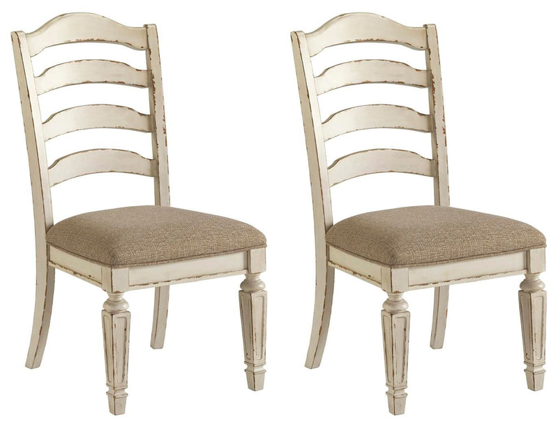 Set of 2 dining side chairs, ladderback chipped white frames, taupe upholstered seats.