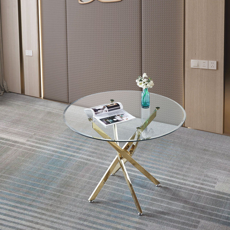 Contemporary Round Clear Dining Tempered Glass Table With Gold Finish Stainless Steel Legs - Gold