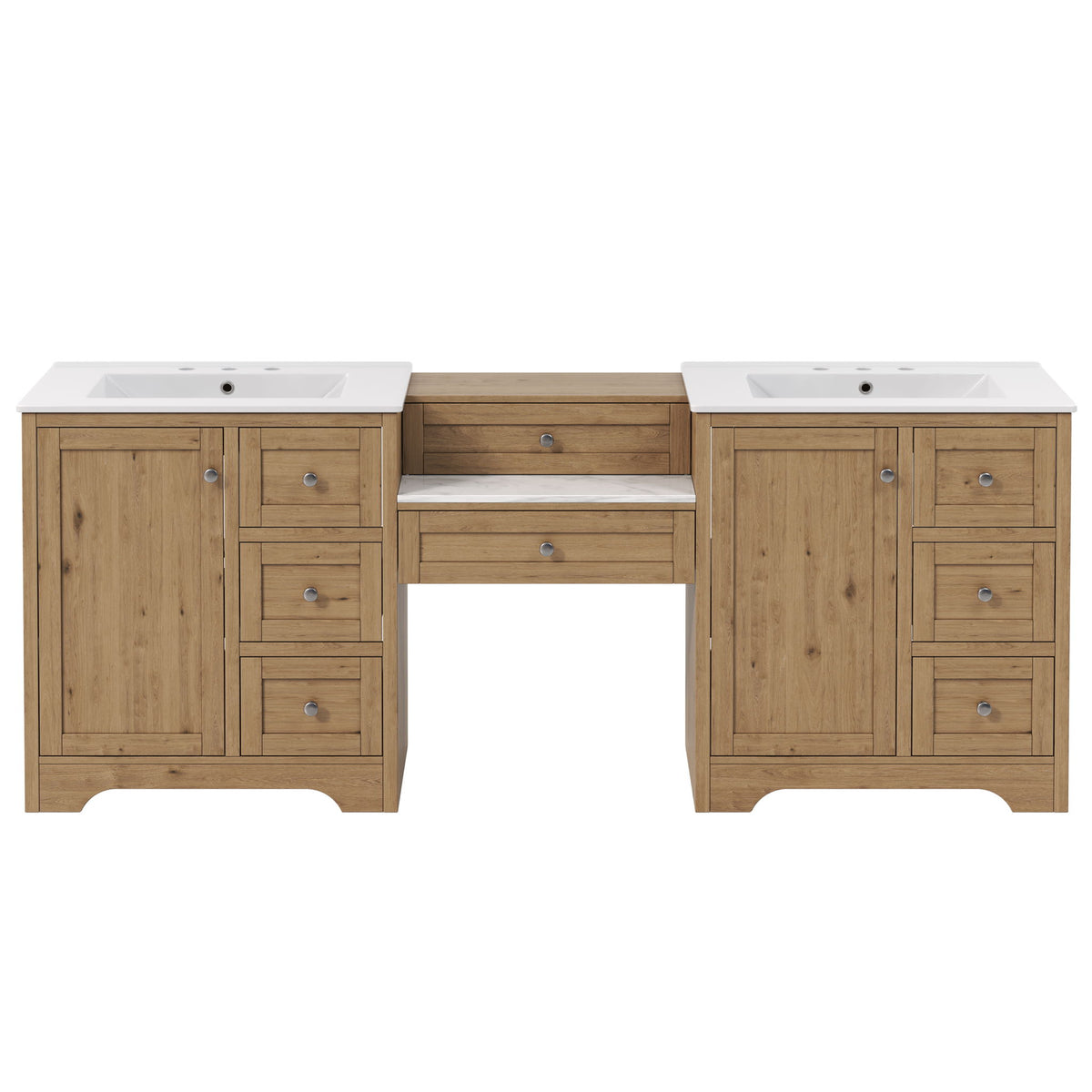 Light brown double sink bathroom vanity with 2 ceramic sinks and 6 soft-close drawers